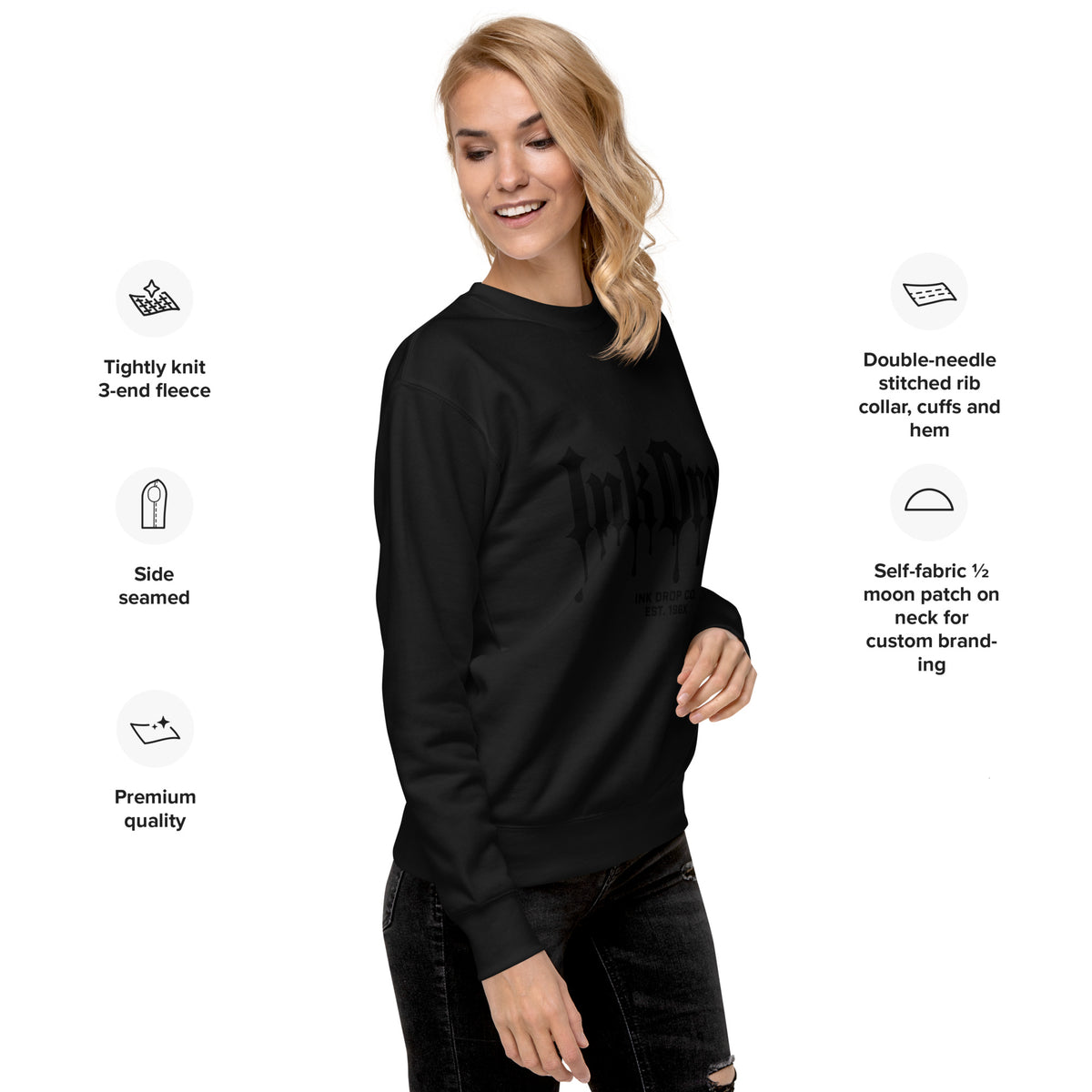 Black crewneck sweatshirt with InkDrop gothic drip logo print on front