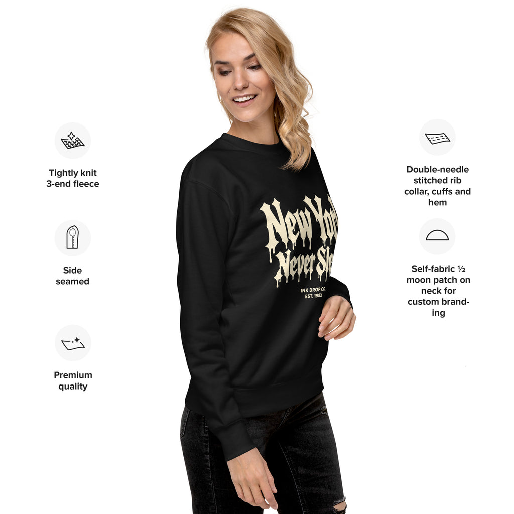 Black unisex crewneck sweatshirt with front graphic, model side view