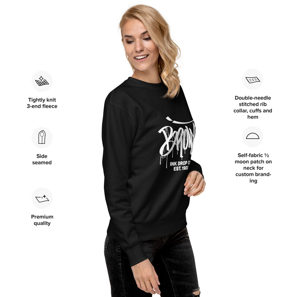 Black crewneck sweatshirt with front logo graphic print and ribbed cuffs