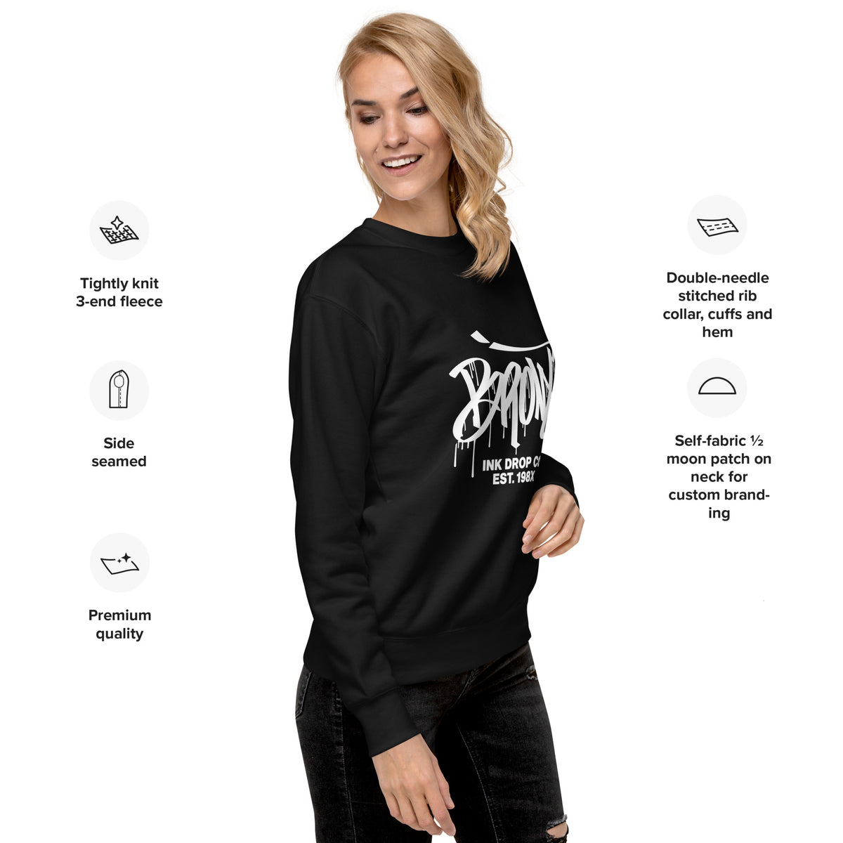 Black crewneck sweatshirt with front logo graphic print and ribbed cuffs