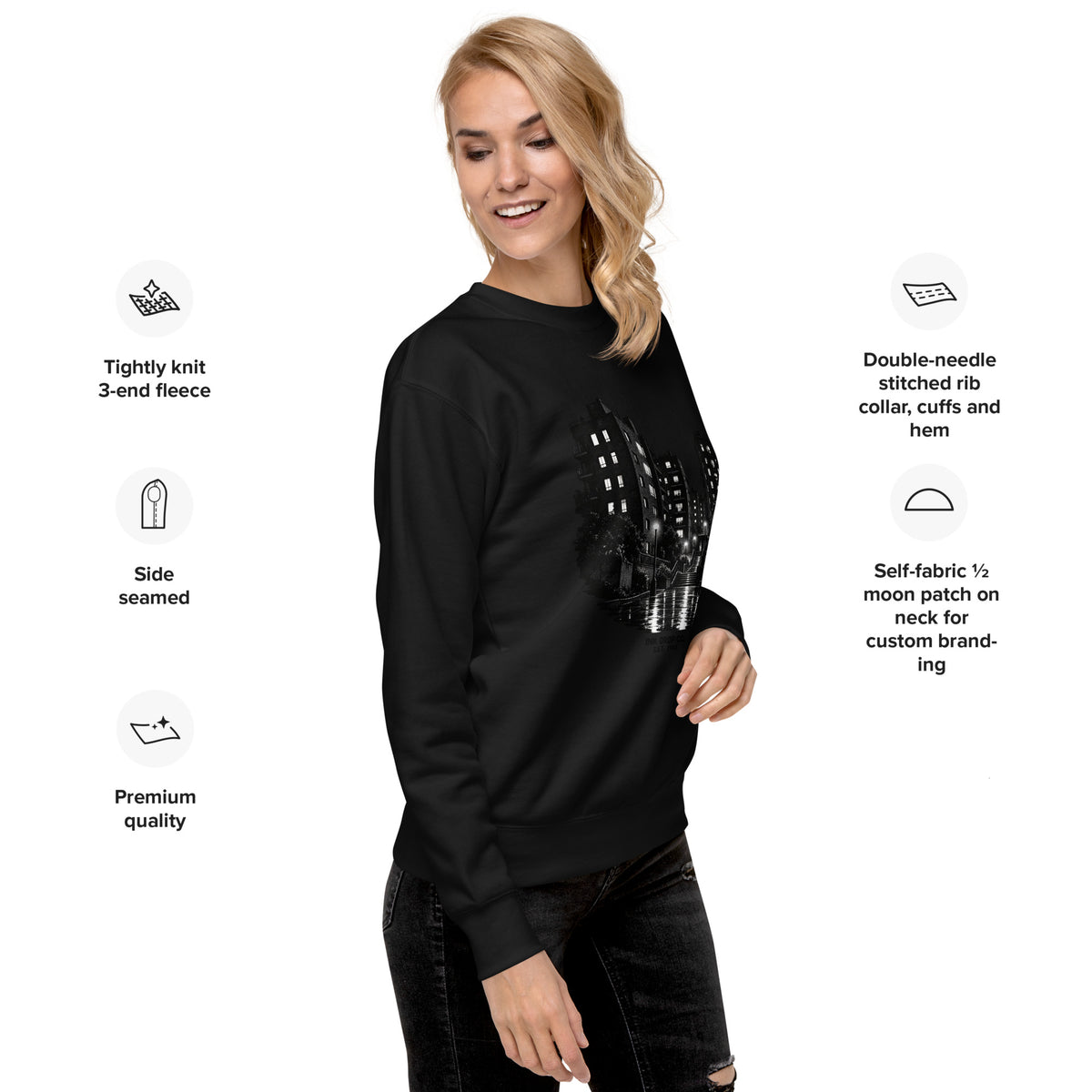 Unisex graphic crewneck sweatshirt in black with city night graphic, front view