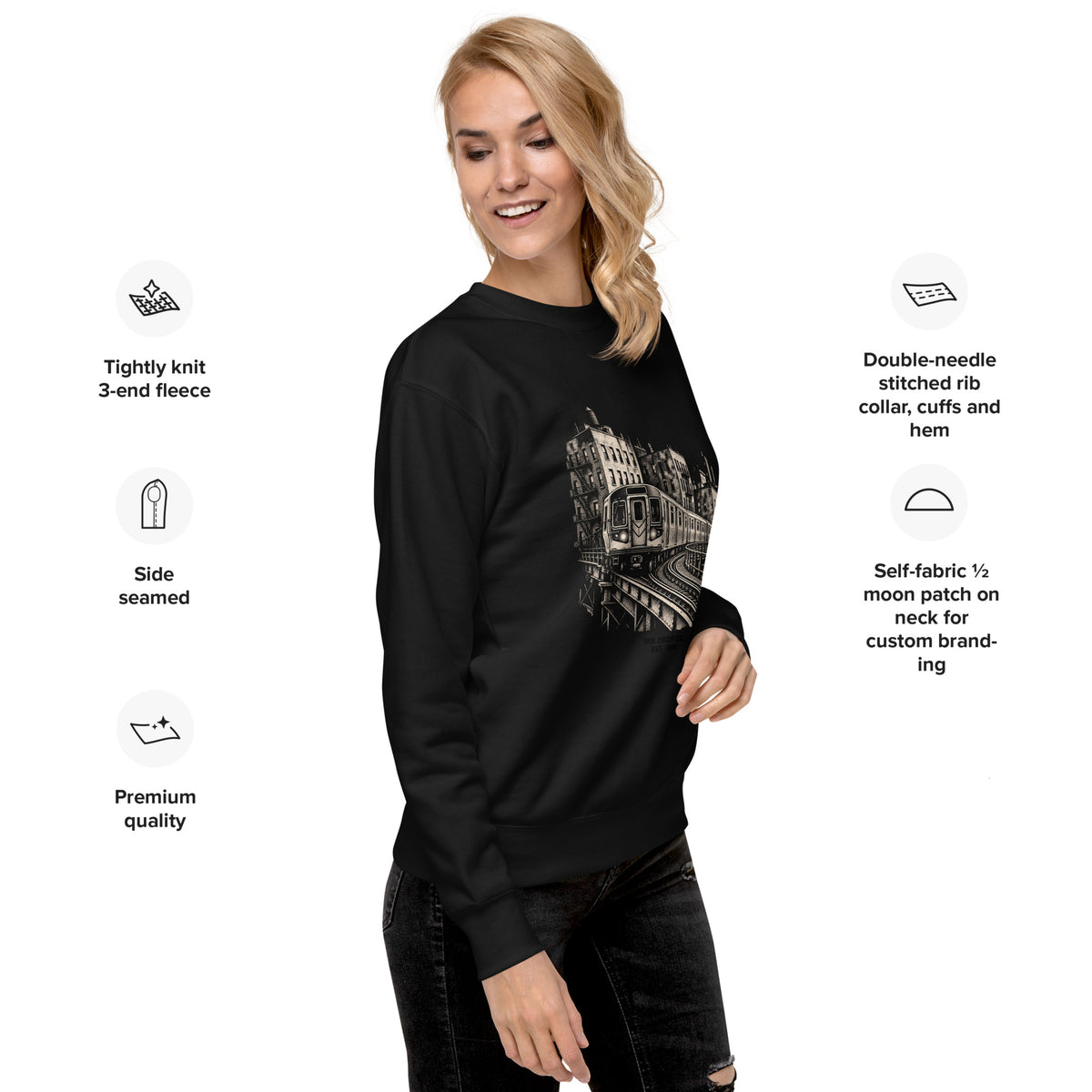 Unisex graphic crewneck sweatshirt, black, side view on model