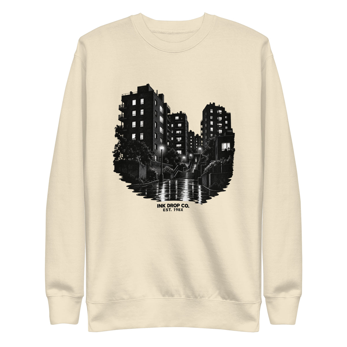 Unisex graphic crewneck sweatshirt in bone with city night scene front print