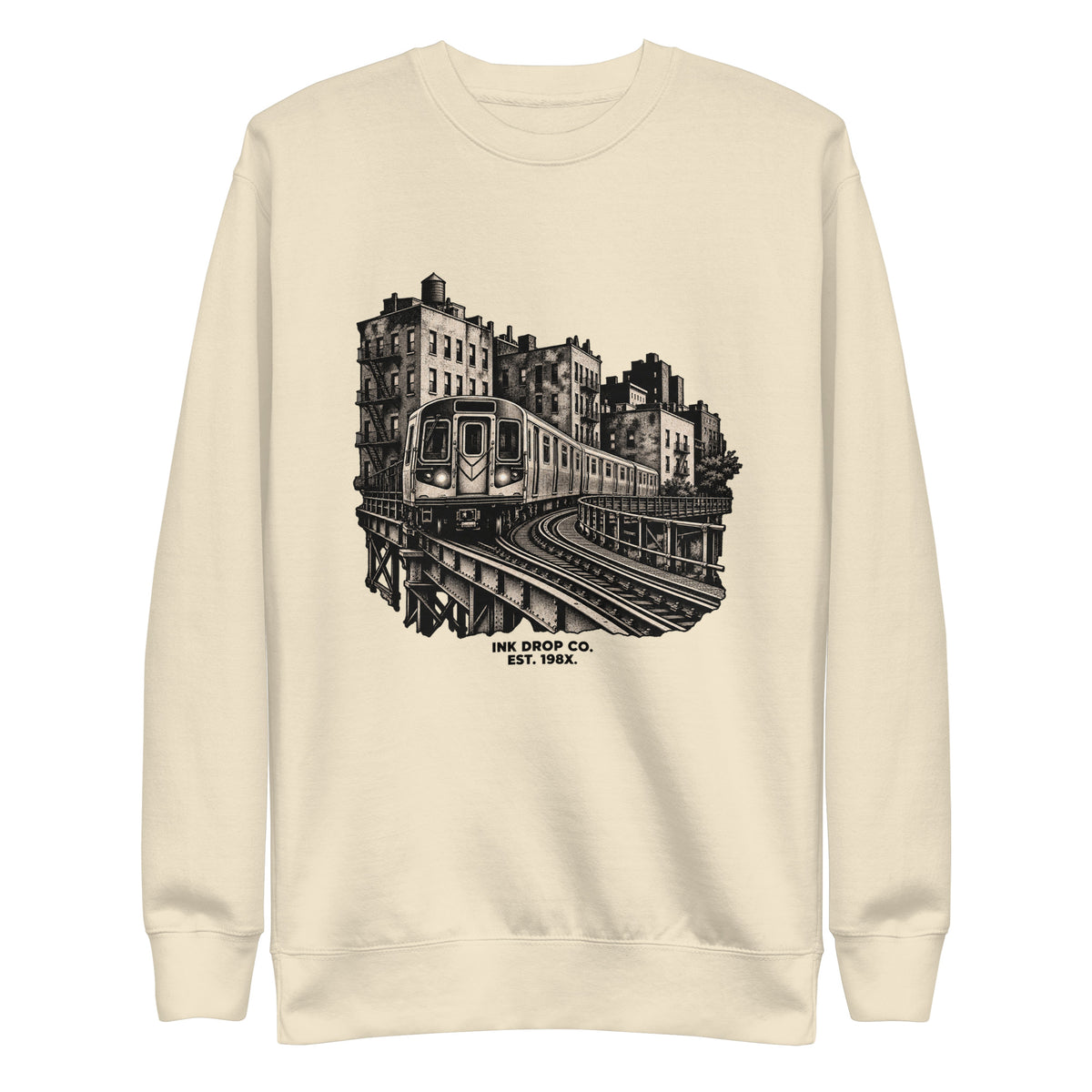 Unisex graphic crewneck sweatshirt, bone, front view with city train print