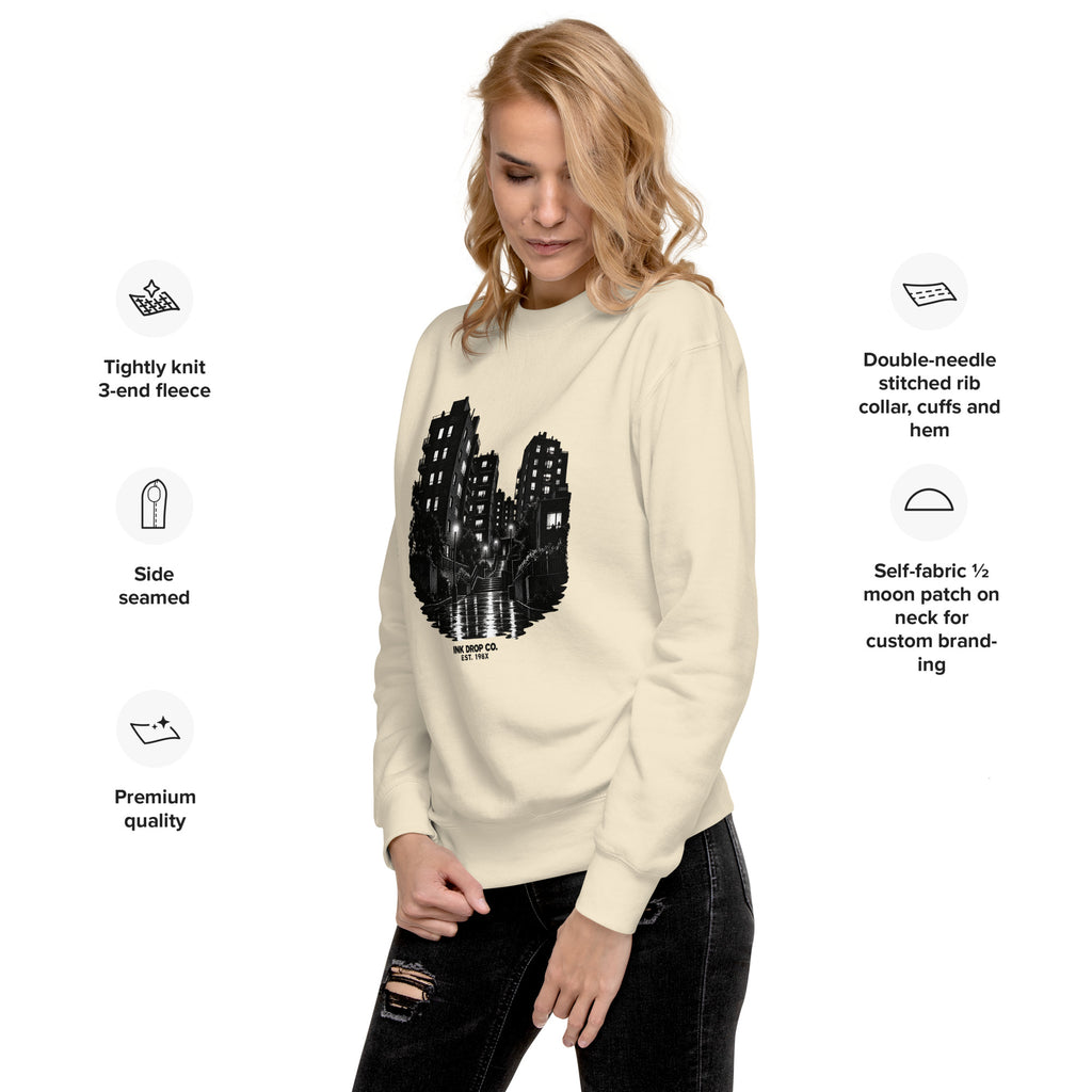 Bone unisex crewneck sweatshirt with black city skyline graphic on front