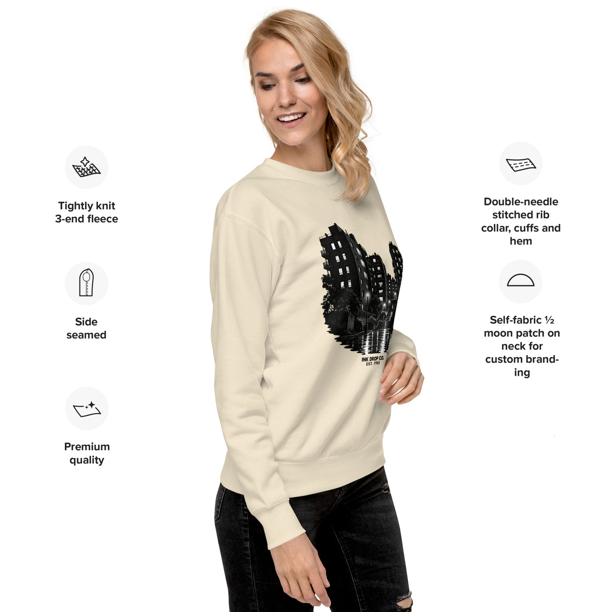 Bone unisex crewneck sweatshirt with large black city skyline graphic at chest