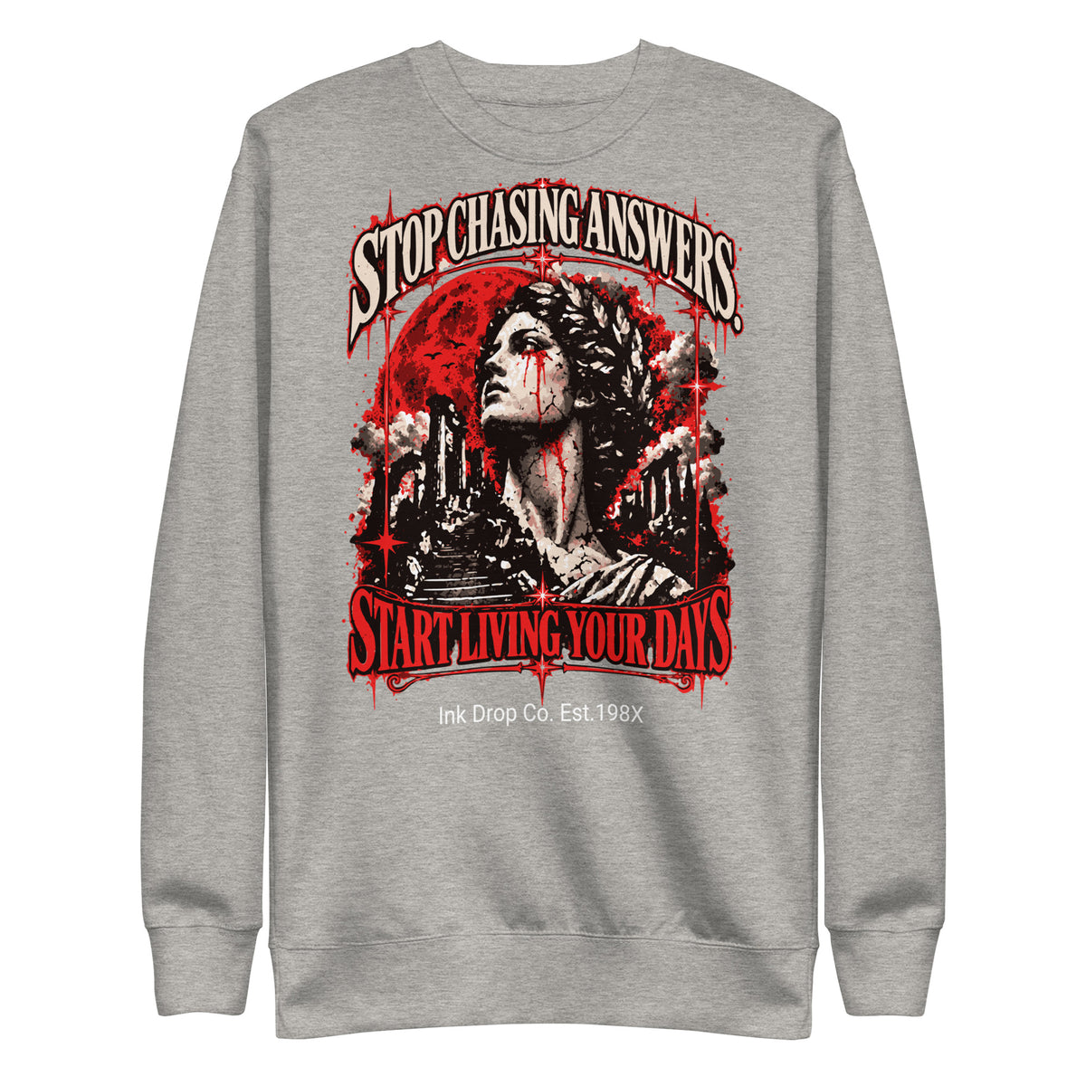 Light gray unisex crewneck sweatshirt with long sleeves and red/white portrait graphic