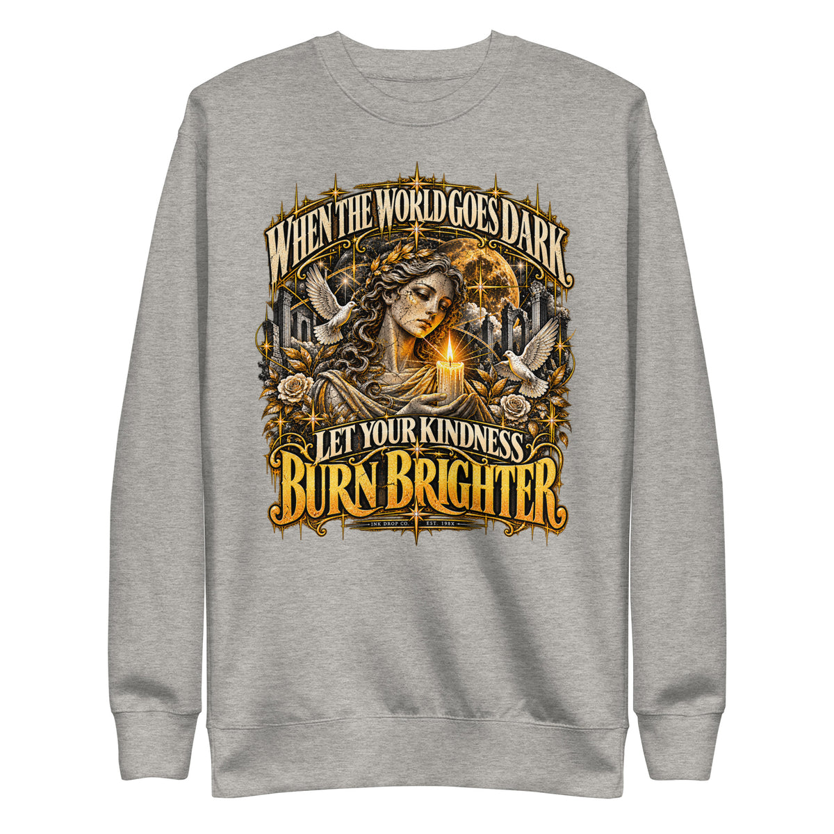 Unisex crewneck sweatshirt in light heather gray with gold graphic design on the front