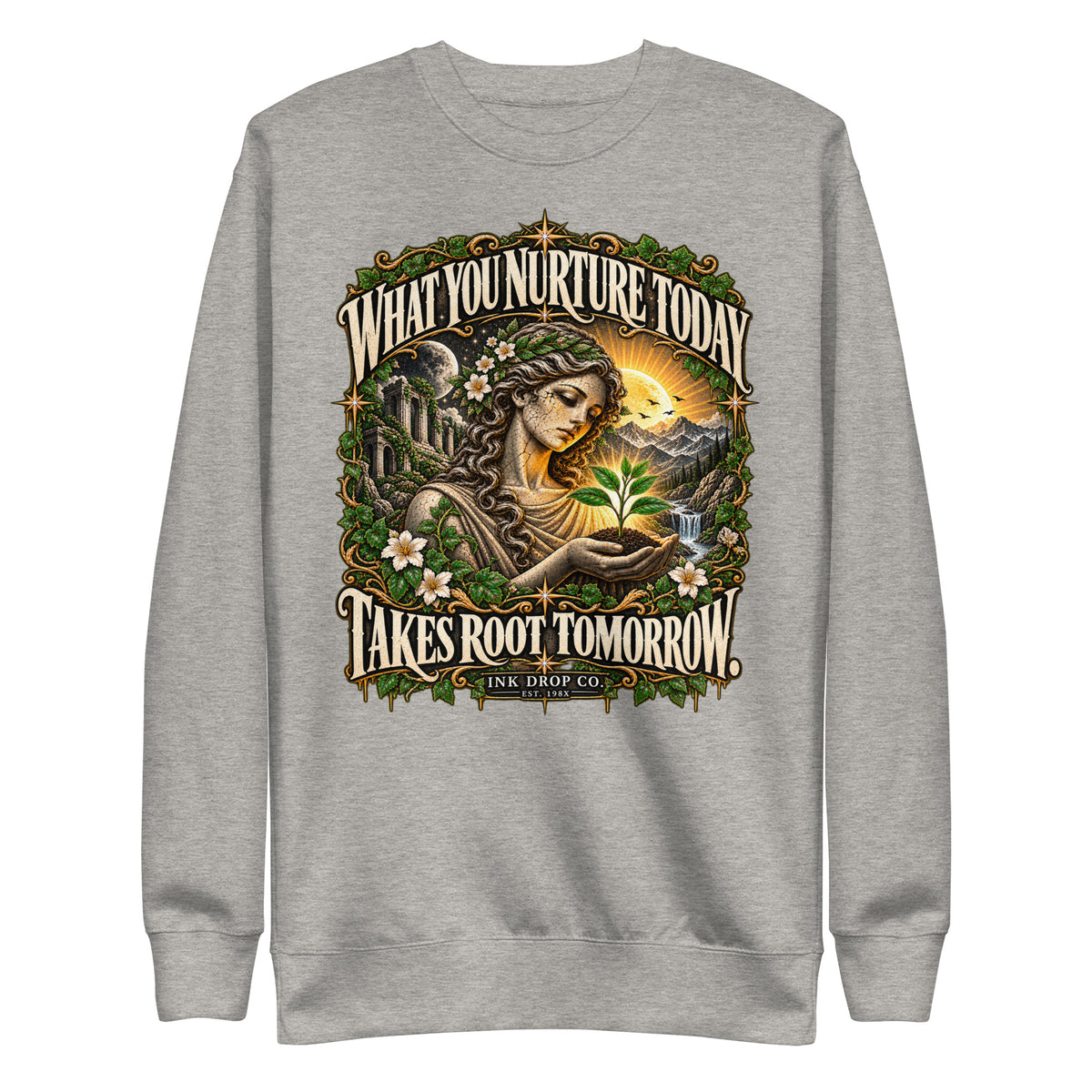 Carbon grey unisex crewneck sweatshirt with front nature graphic print, long sleeves
