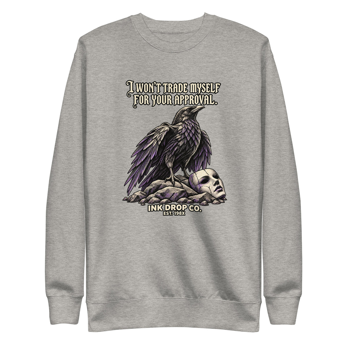 Light gray unisex crewneck sweatshirt with purple skull graphic on front
