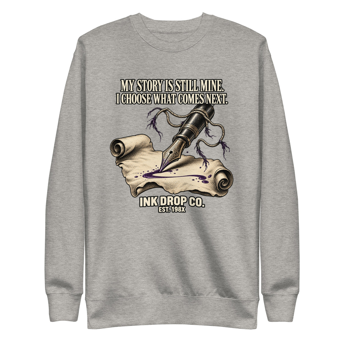 Unisex crewneck sweatshirt, charcoal heather with front ink-drop graphic