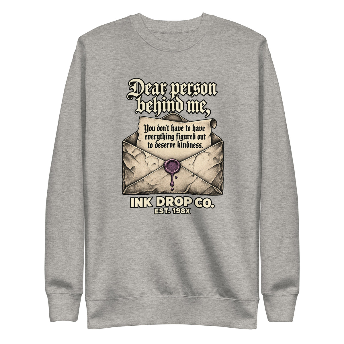 Light gray unisex crewneck sweatshirt with front graphic print and long sleeves