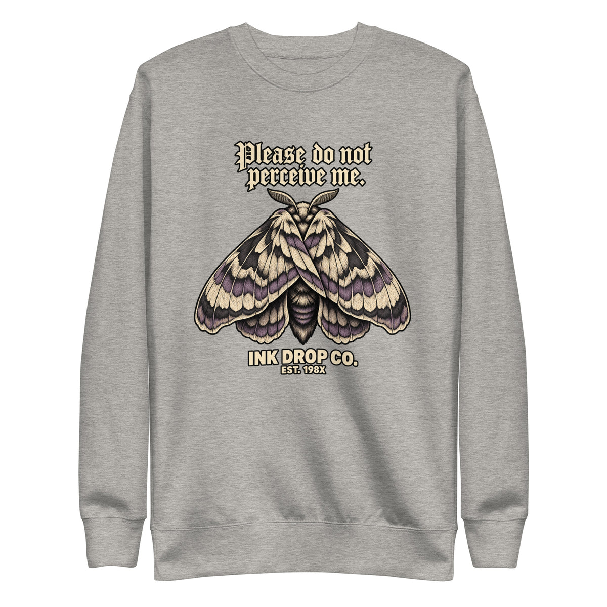 Light heather gray unisex crewneck sweatshirt with moth graphic front print