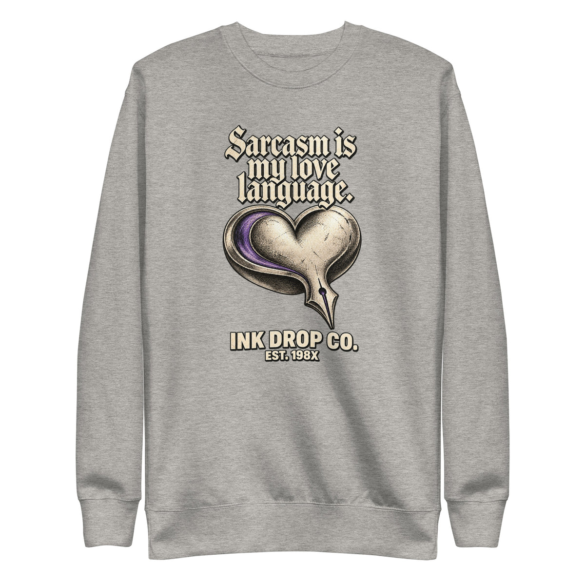 Unisex light gray crewneck sweatshirt with heart graphic and lettering on front