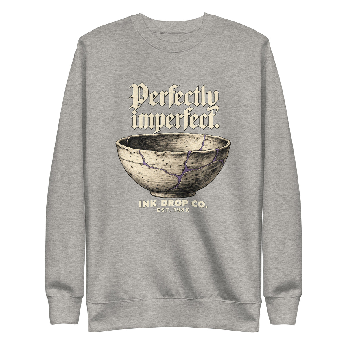 Light heather grey crewneck sweatshirt with bowl graphic and 'Perfectly imperfect' print.