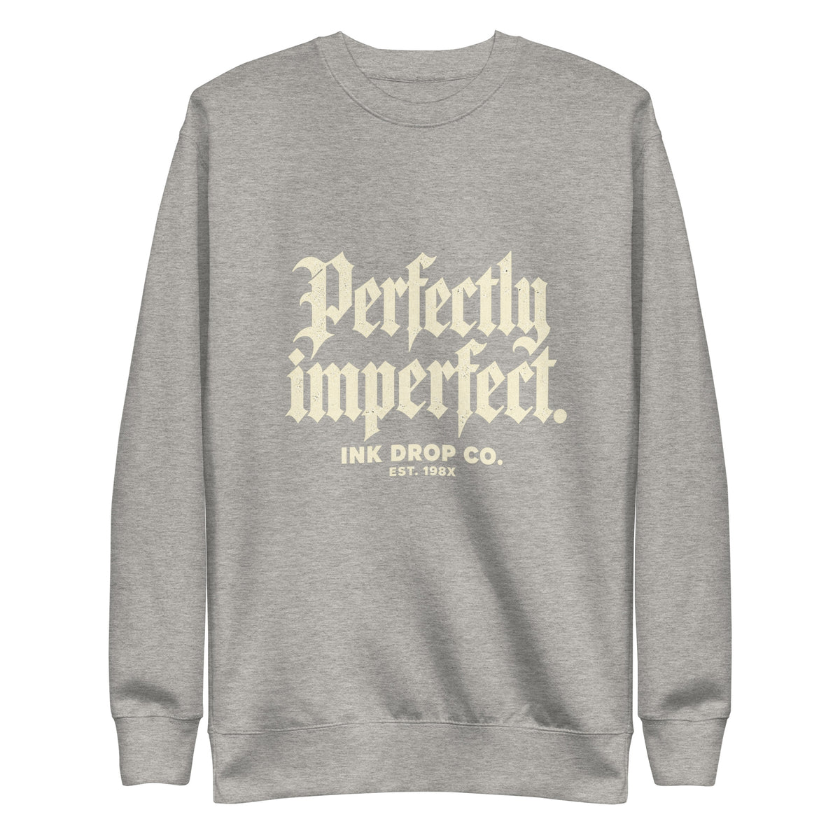 Unisex crewneck sweatshirt, heather gray, with gold typography graphic on the front