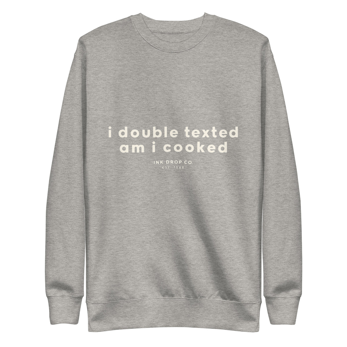 Light heather grey crewneck sweatshirt with front graphic, long sleeves, ribbed cuffs