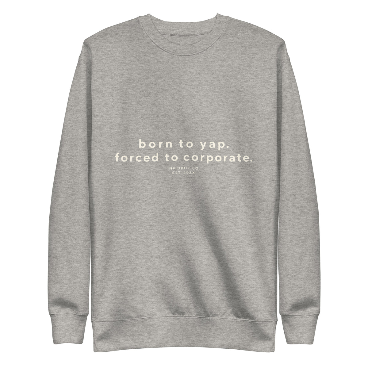 Unisex crewneck sweatshirt in light heather grey with small front text graphic