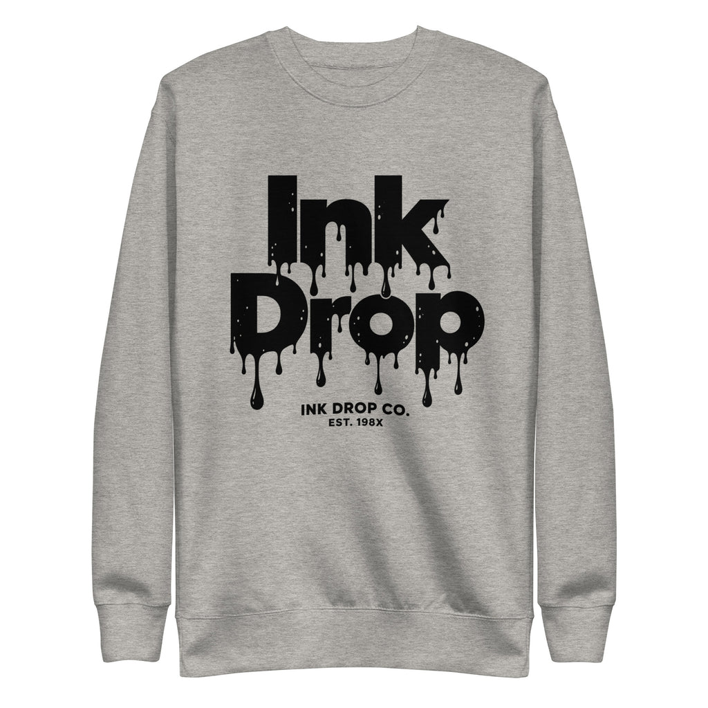 Heather gray crewneck sweatshirt with bold Ink Drop logo graphic on front