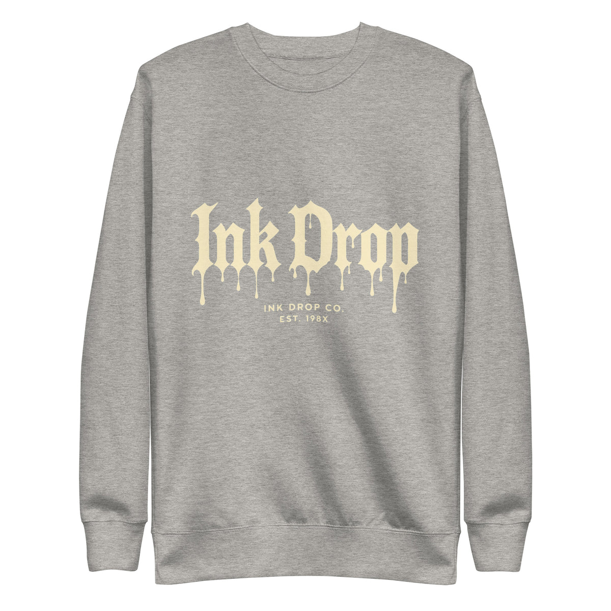 Light heather gray unisex crewneck sweatshirt with front gothic drip logo print