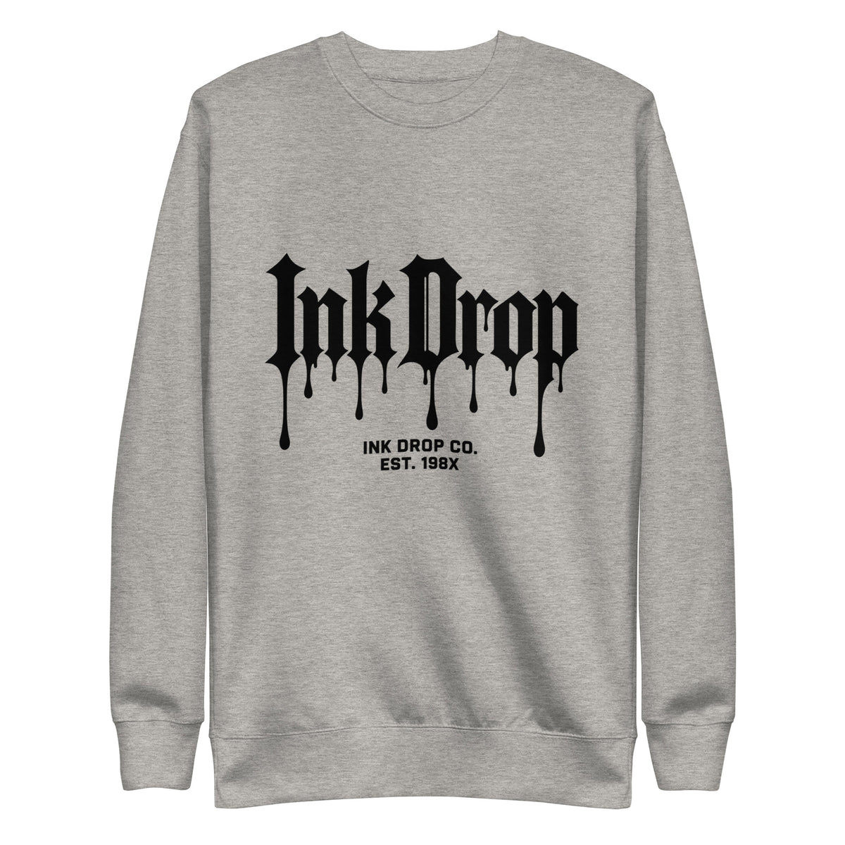 Carbon grey crewneck sweatshirt with InkDrop gothic drip logo print on front