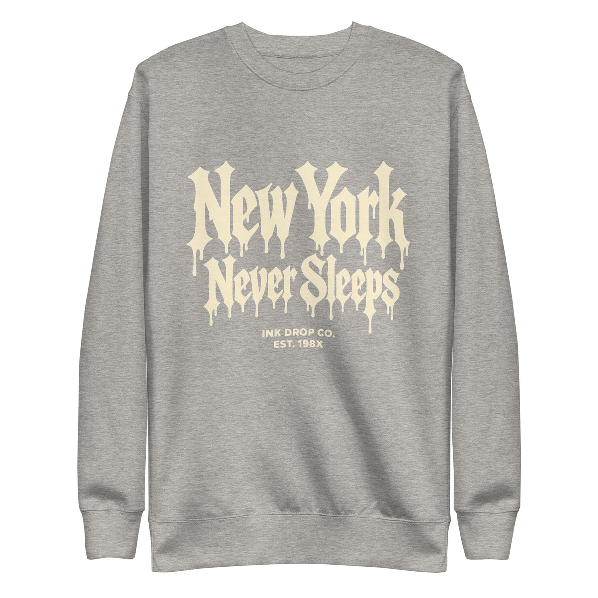Light heather gray unisex crewneck sweatshirt with "New York Never Sleeps" front graphic