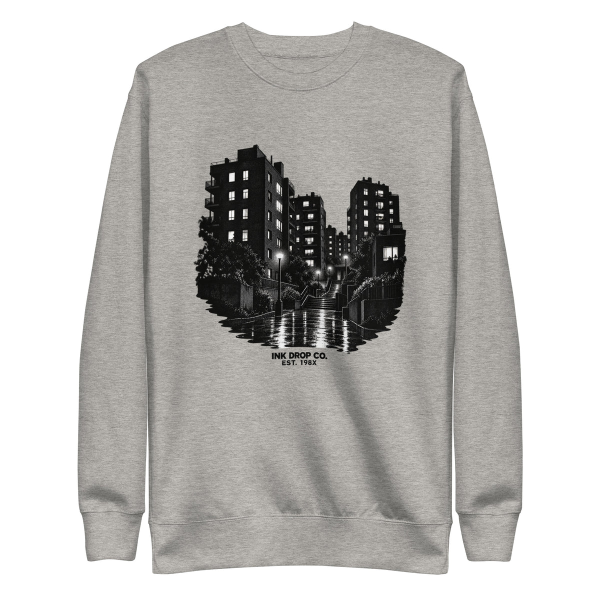 Unisex graphic crewneck sweatshirt in gray with city night scene front print