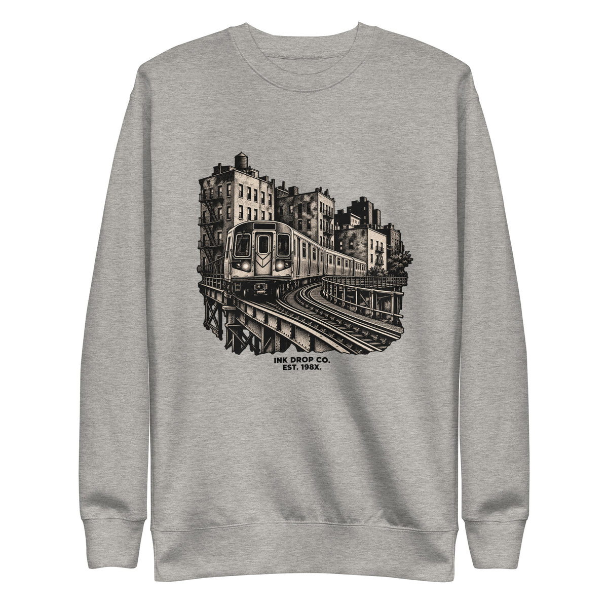 Unisex graphic crewneck sweatshirt, heather gray, front view with city train print