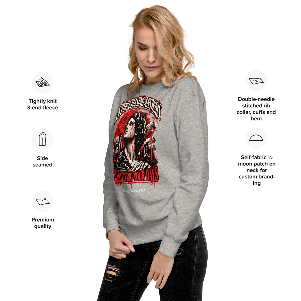 Dark heather gray unisex crewneck sweatshirt with red graphic front and crew neck