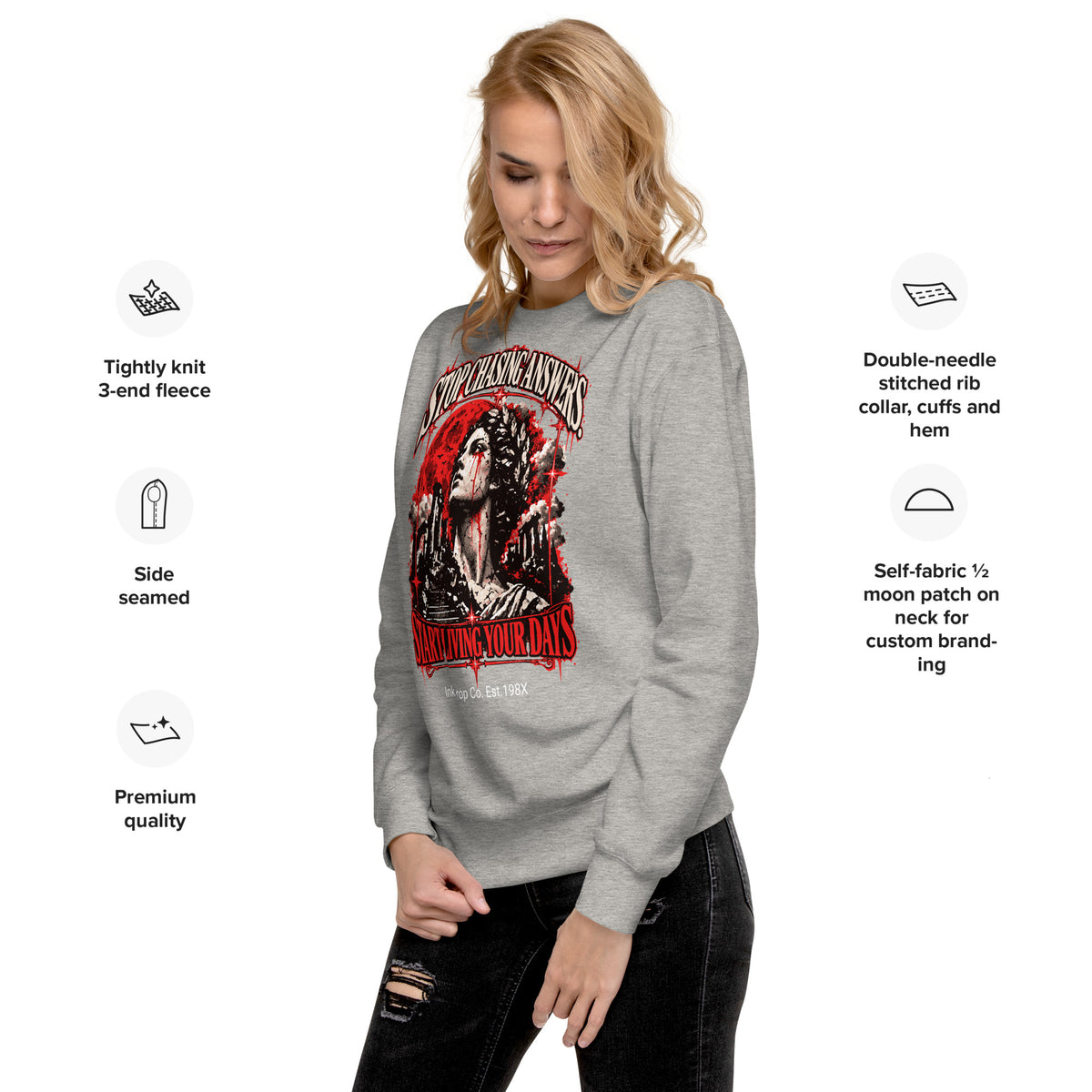 Dark heather gray unisex crewneck sweatshirt with red graphic front and crew neck
