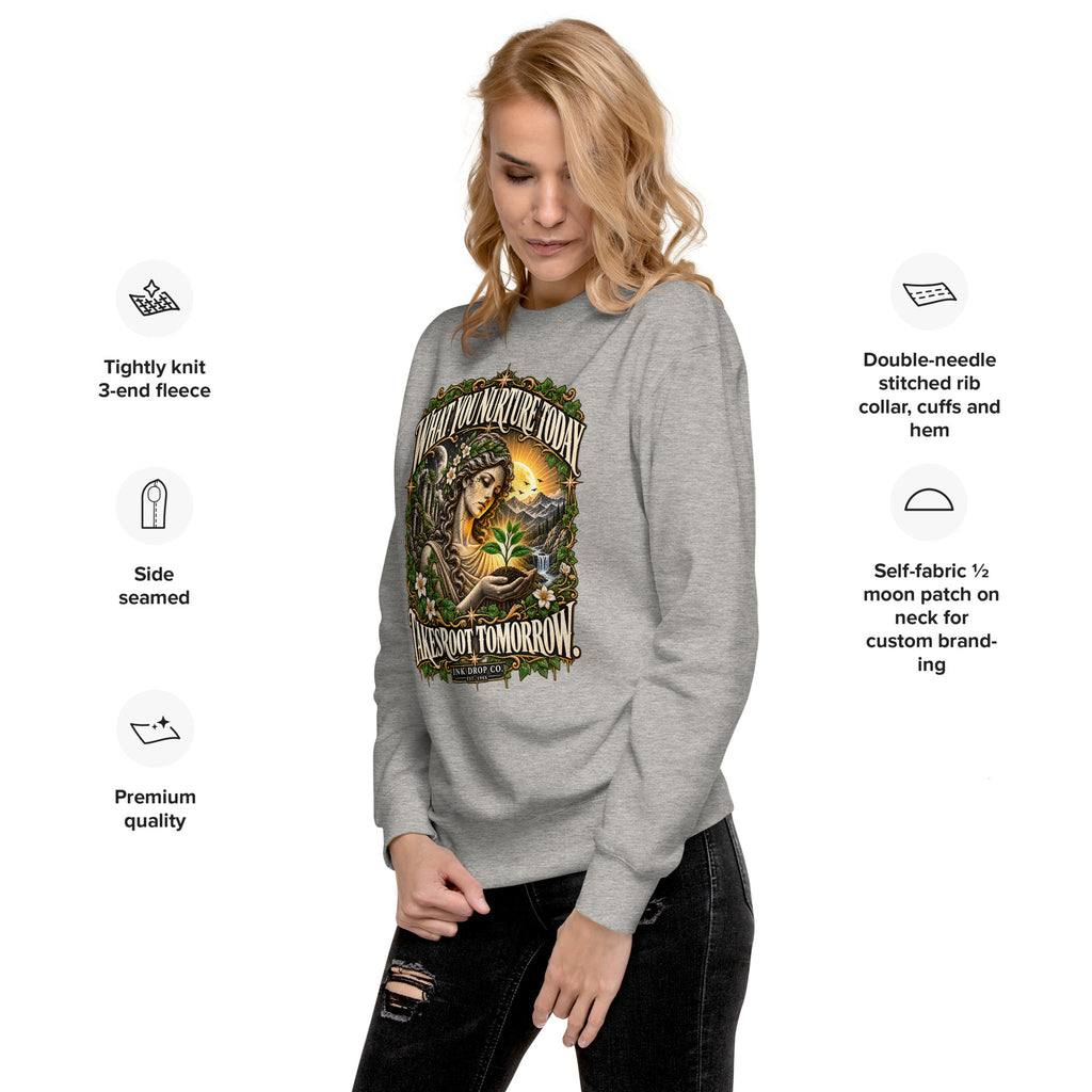 Unisex crewneck sweatshirt, light heather gray with front nature graphic and ribbed cuffs