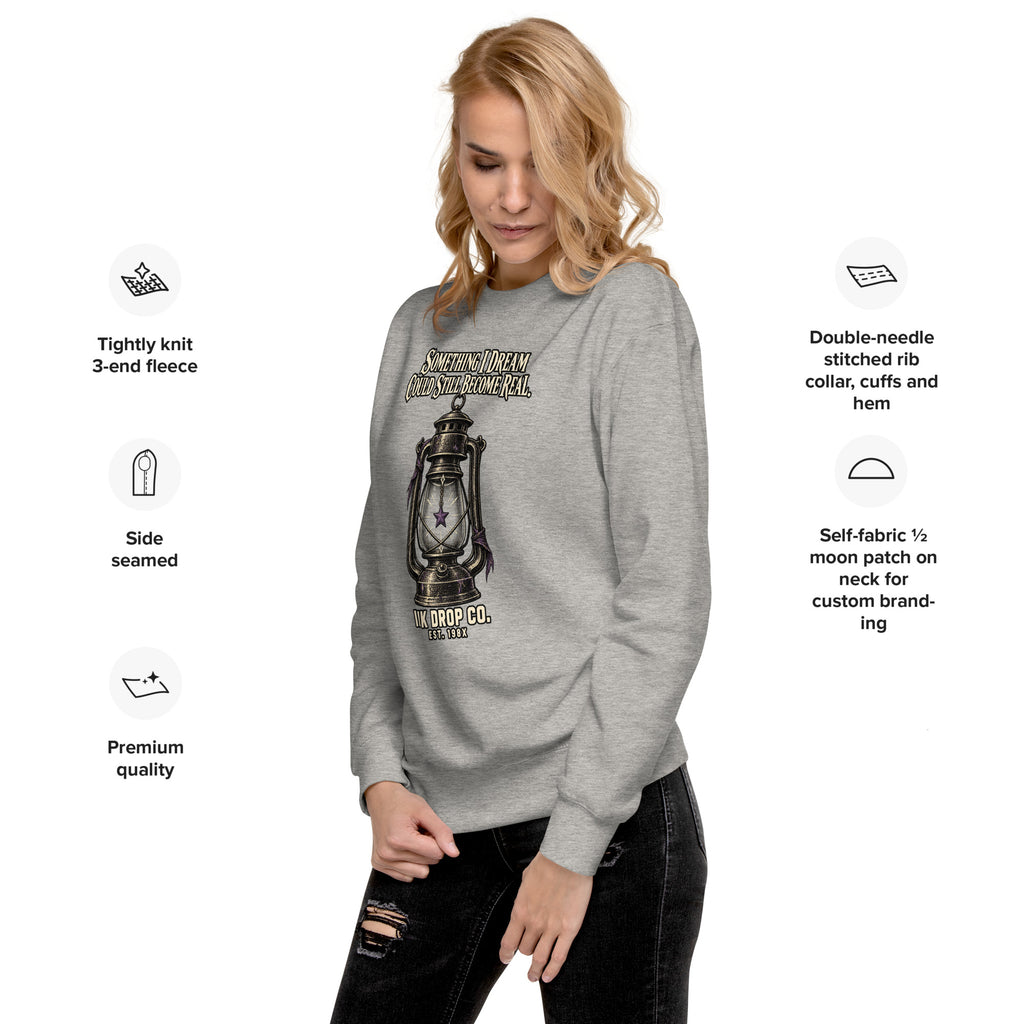 Gray unisex crewneck sweatshirt with lantern graphic and crew neckline.
