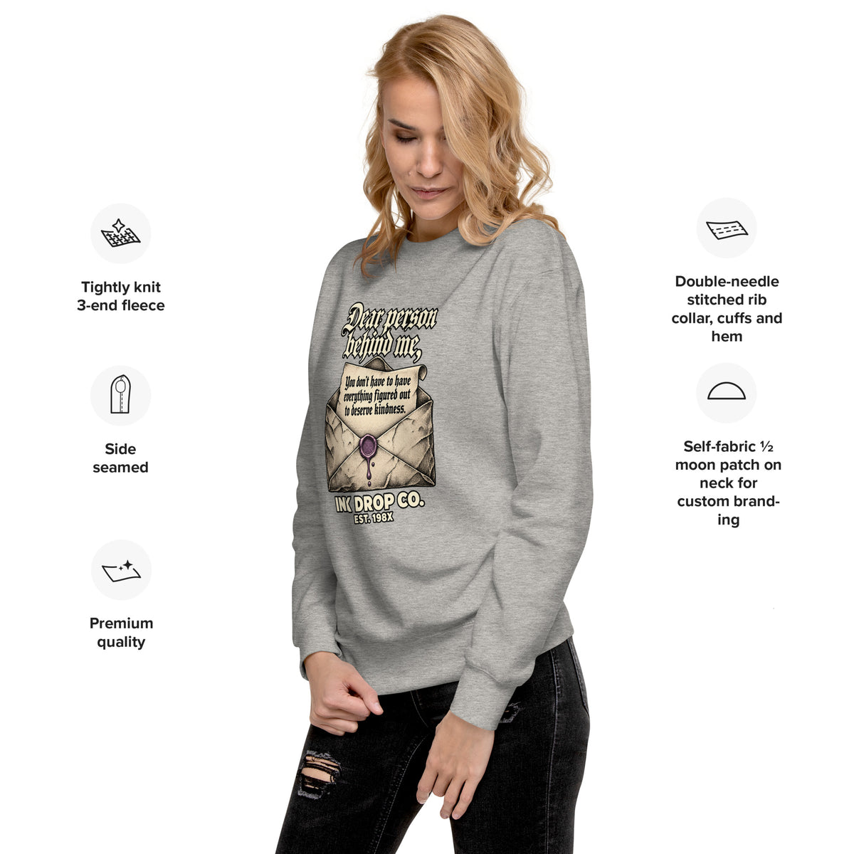Unisex crewneck sweatshirt in heather gray with front graphic print and side seams