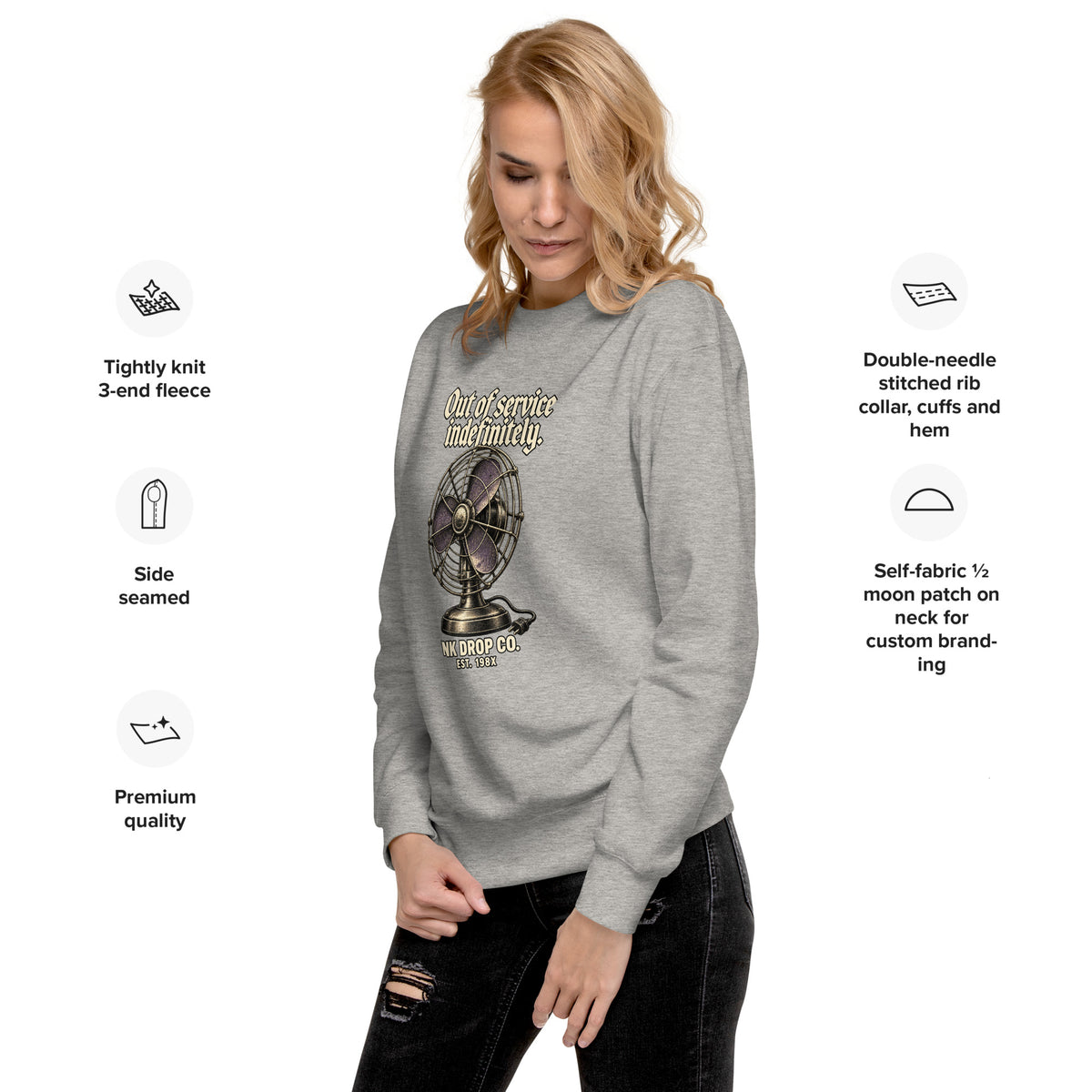 Heather grey unisex crewneck sweatshirt with front fan graphic, on model