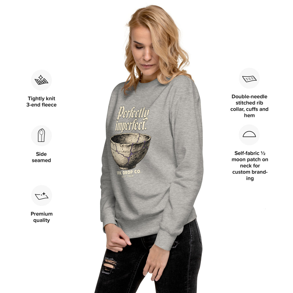 Heather grey crewneck sweatshirt with bowl graphic and 'Perfectly imperfect' print.