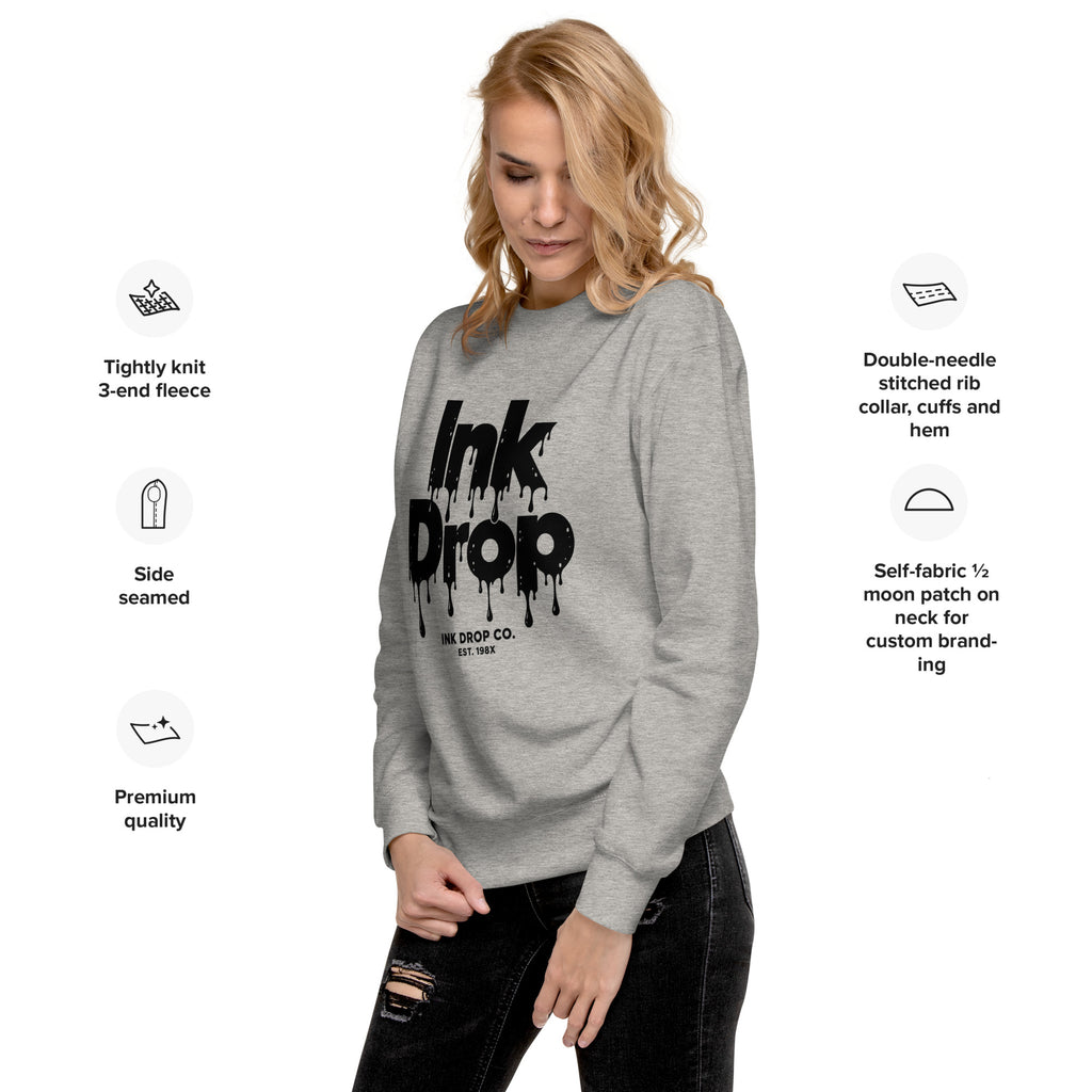 Heather gray crewneck sweatshirt with Ink Drop logo print on front