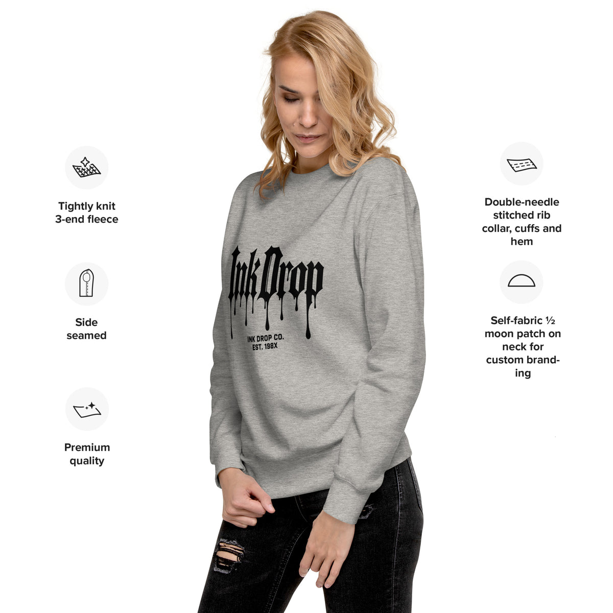 Carbon grey crewneck sweatshirt with InkDrop gothic drip logo print on front
