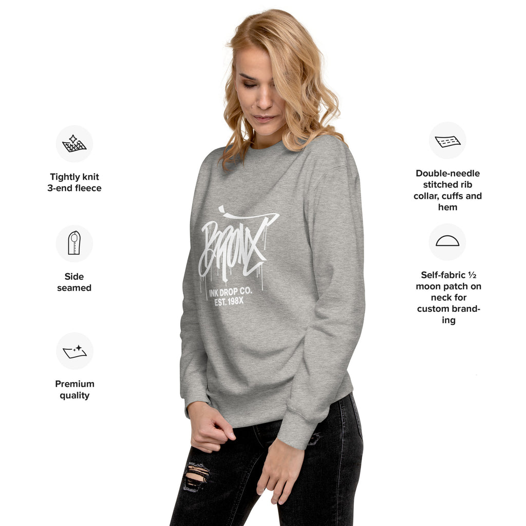Carbon grey unisex crewneck sweatshirt, front logo print, side seams, ribbed cuffs and hem