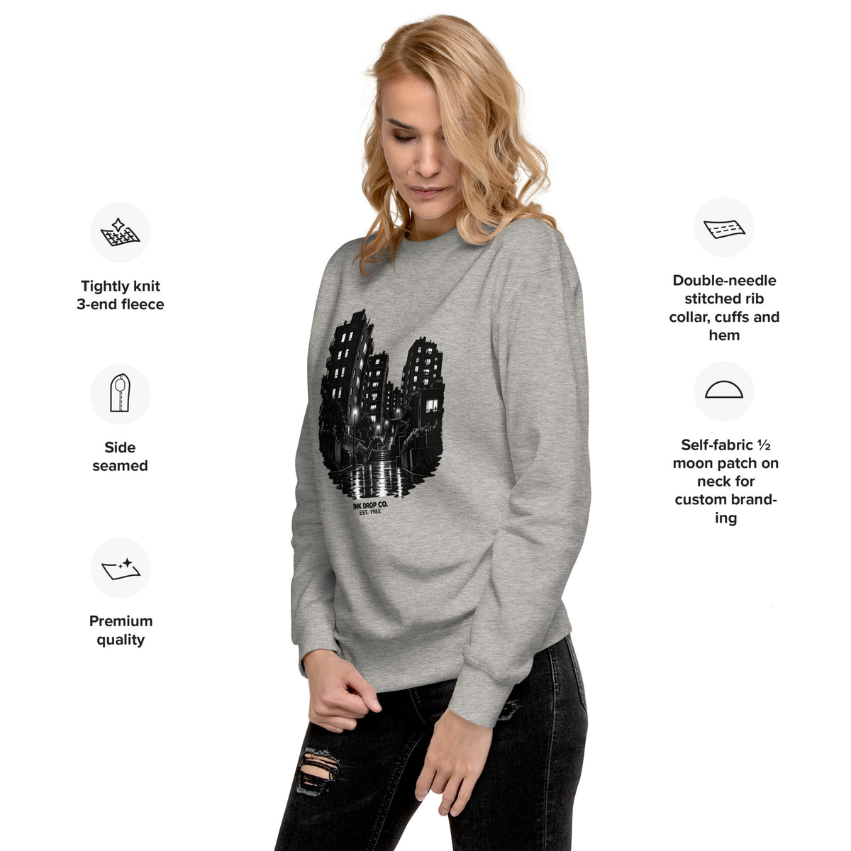 Unisex crewneck sweatshirt in carbon grey with black city skyline graphic print