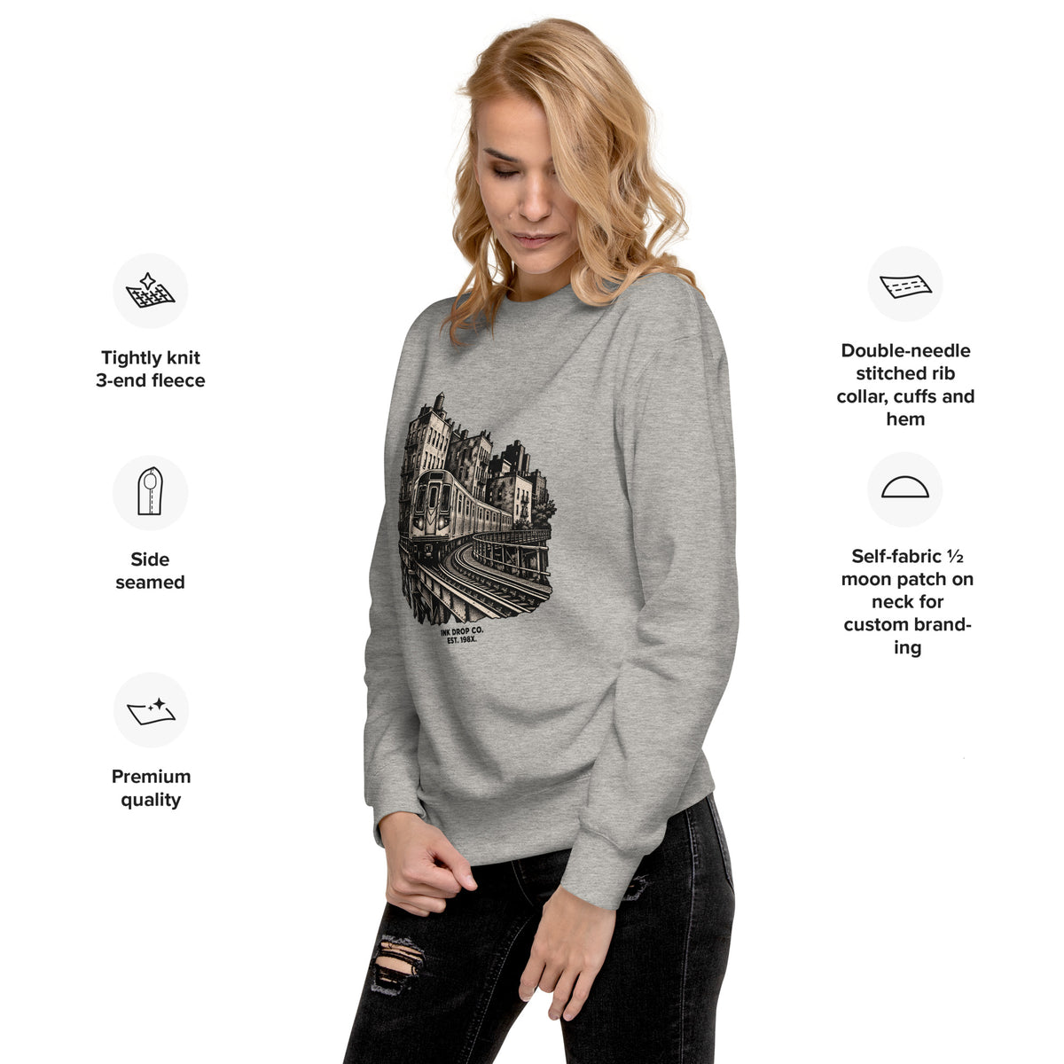 Carbon grey unisex graphic crewneck sweatshirt with front city print