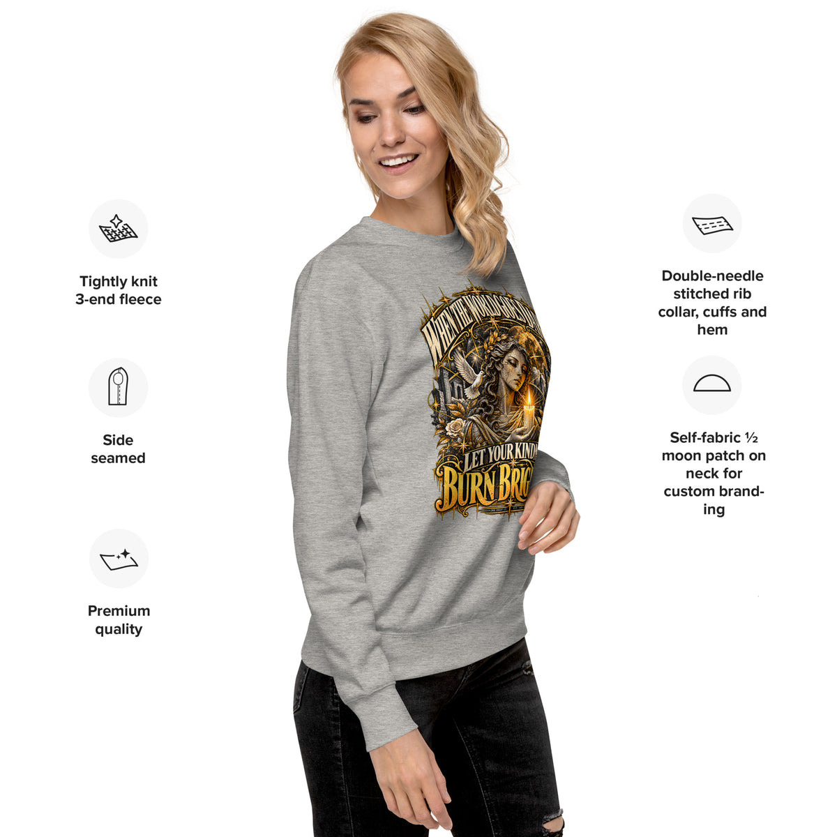 Unisex crewneck sweatshirt, heather gray, gold graphic front print and ribbed cuffs
