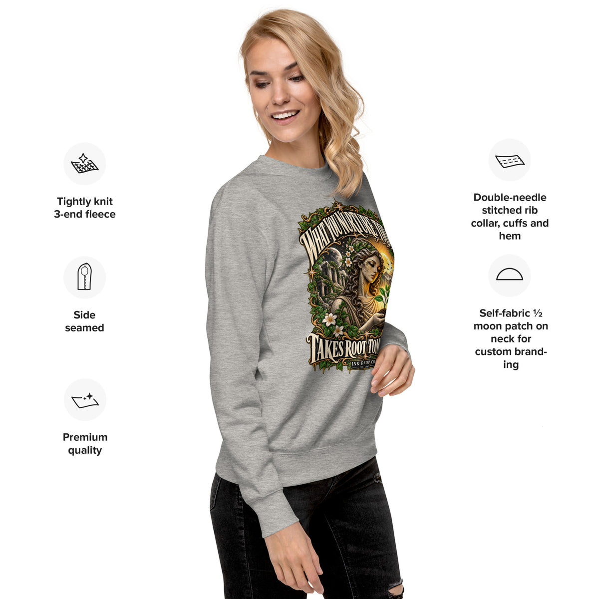 Unisex crewneck sweatshirt, heather gray with front nature graphic and ribbed cuffs