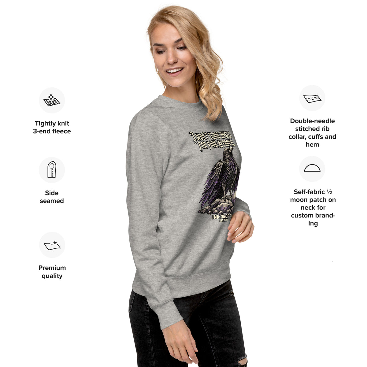 Heather gray unisex crewneck sweatshirt with front graphic print and ribbed cuffs