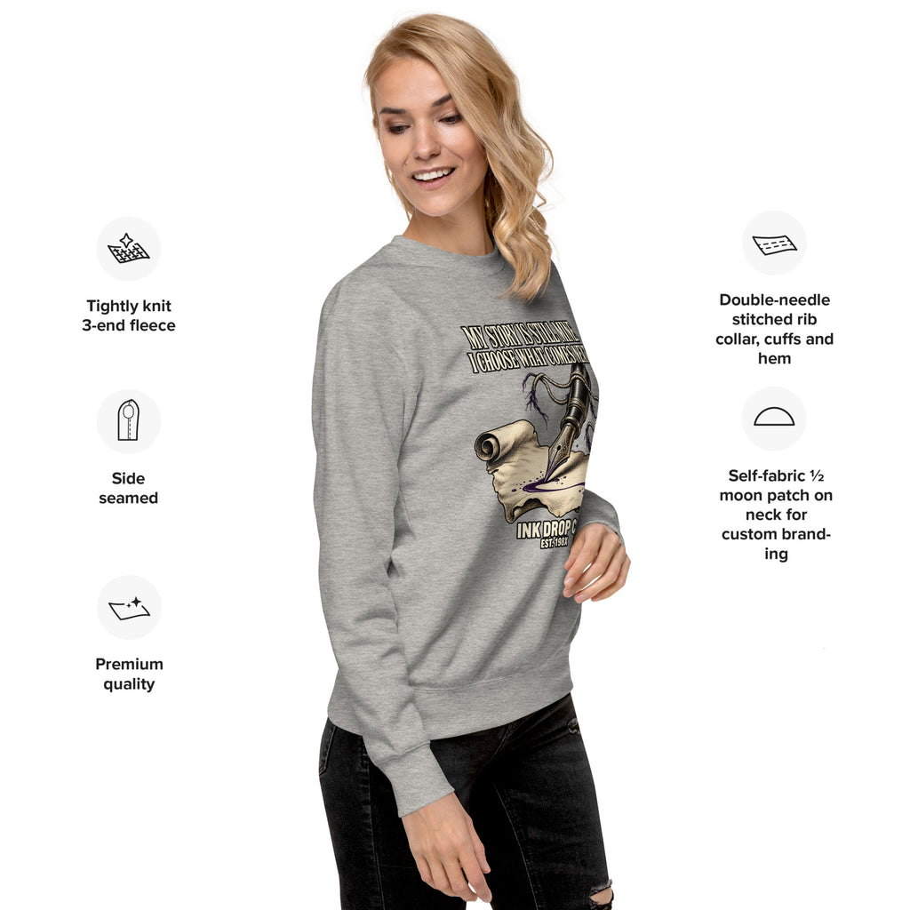 Carbon gray unisex crewneck sweatshirt with front graphic print and long sleeves.