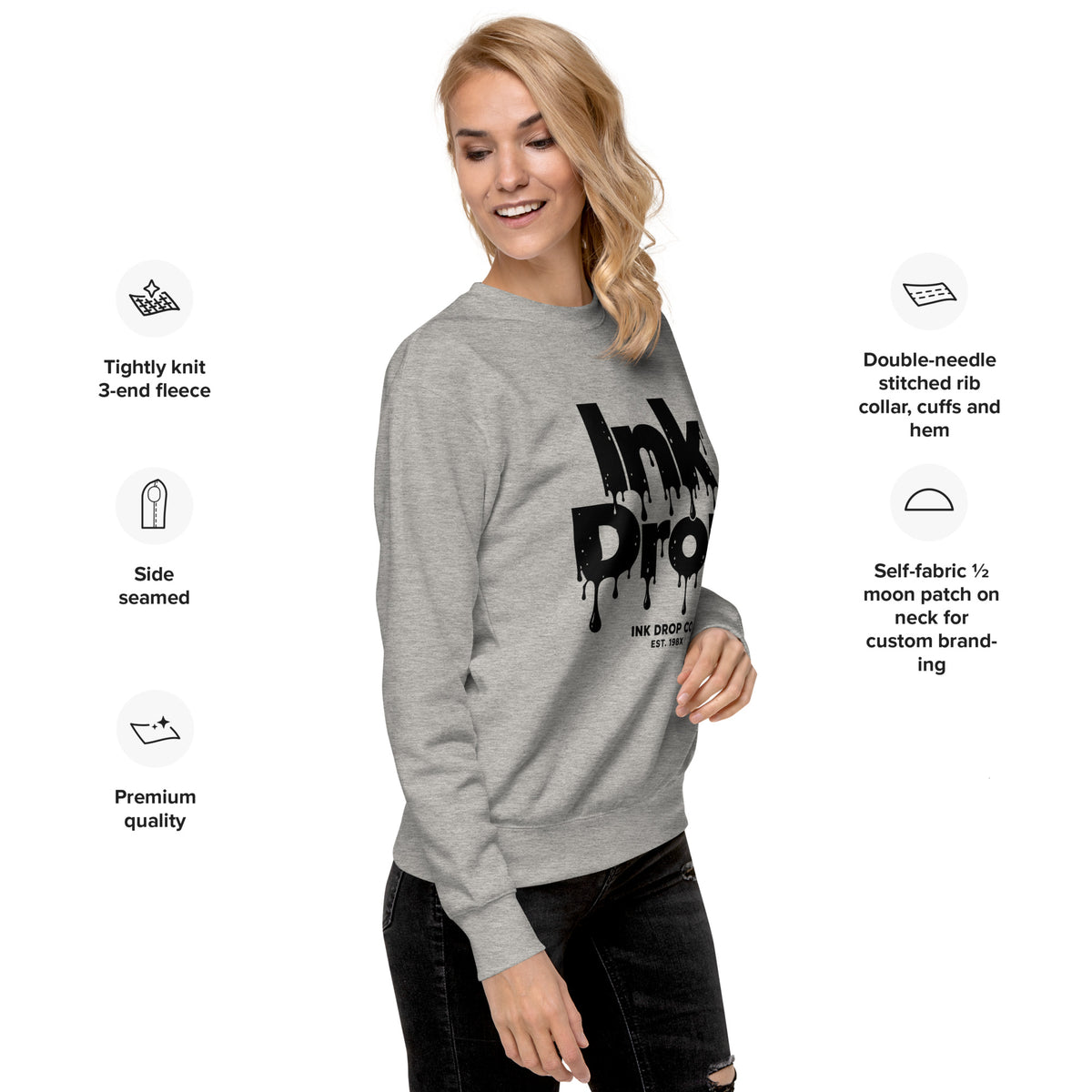 Heather gray crewneck sweatshirt with large Ink Drop logo print at chest