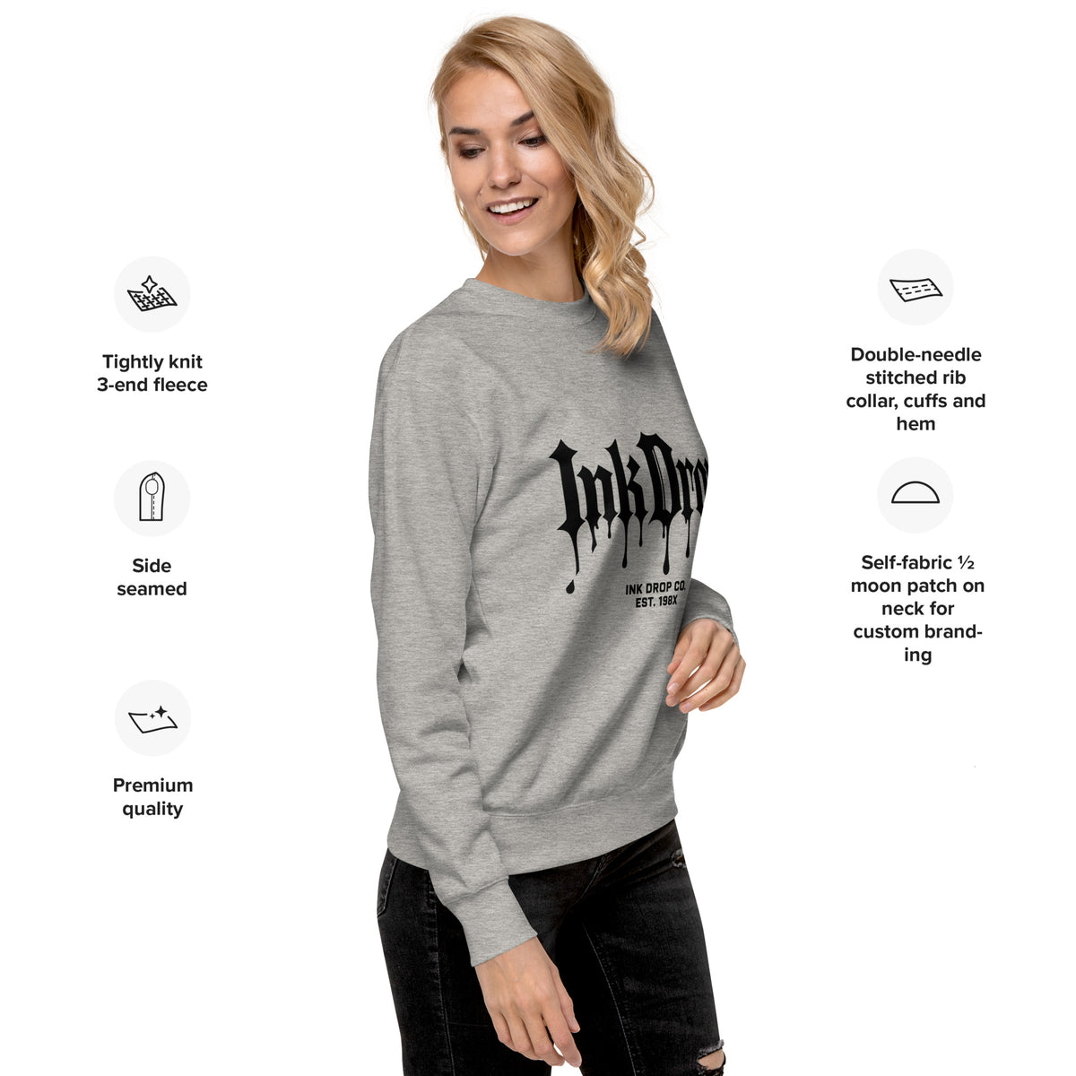 Carbon grey crewneck sweatshirt with InkDrop logo print on front