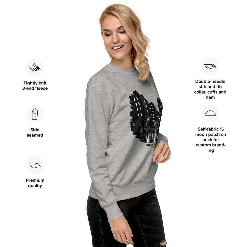 Carbon grey unisex crewneck sweatshirt with black city skyline graphic on front