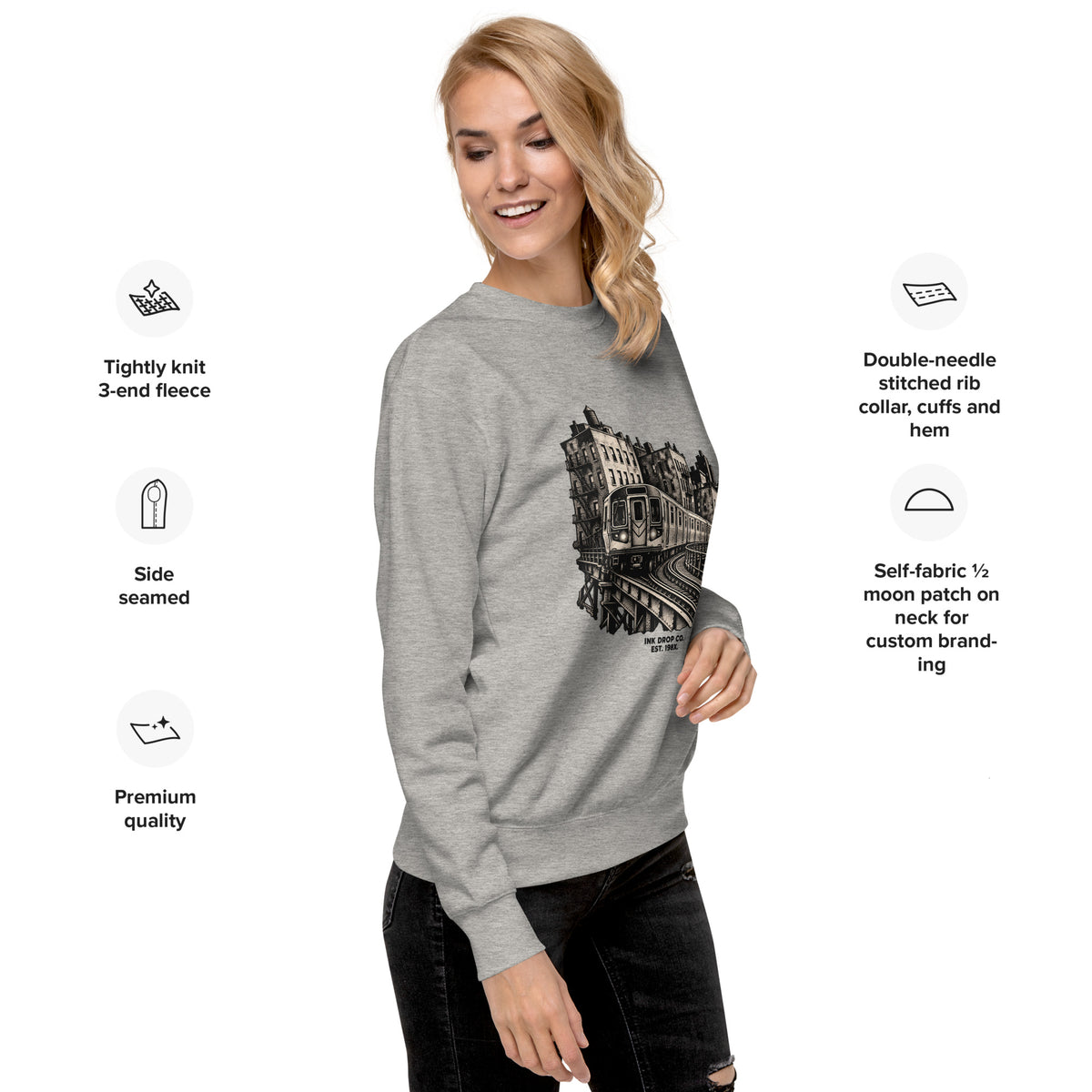 Heather grey unisex graphic crewneck sweatshirt with front city print