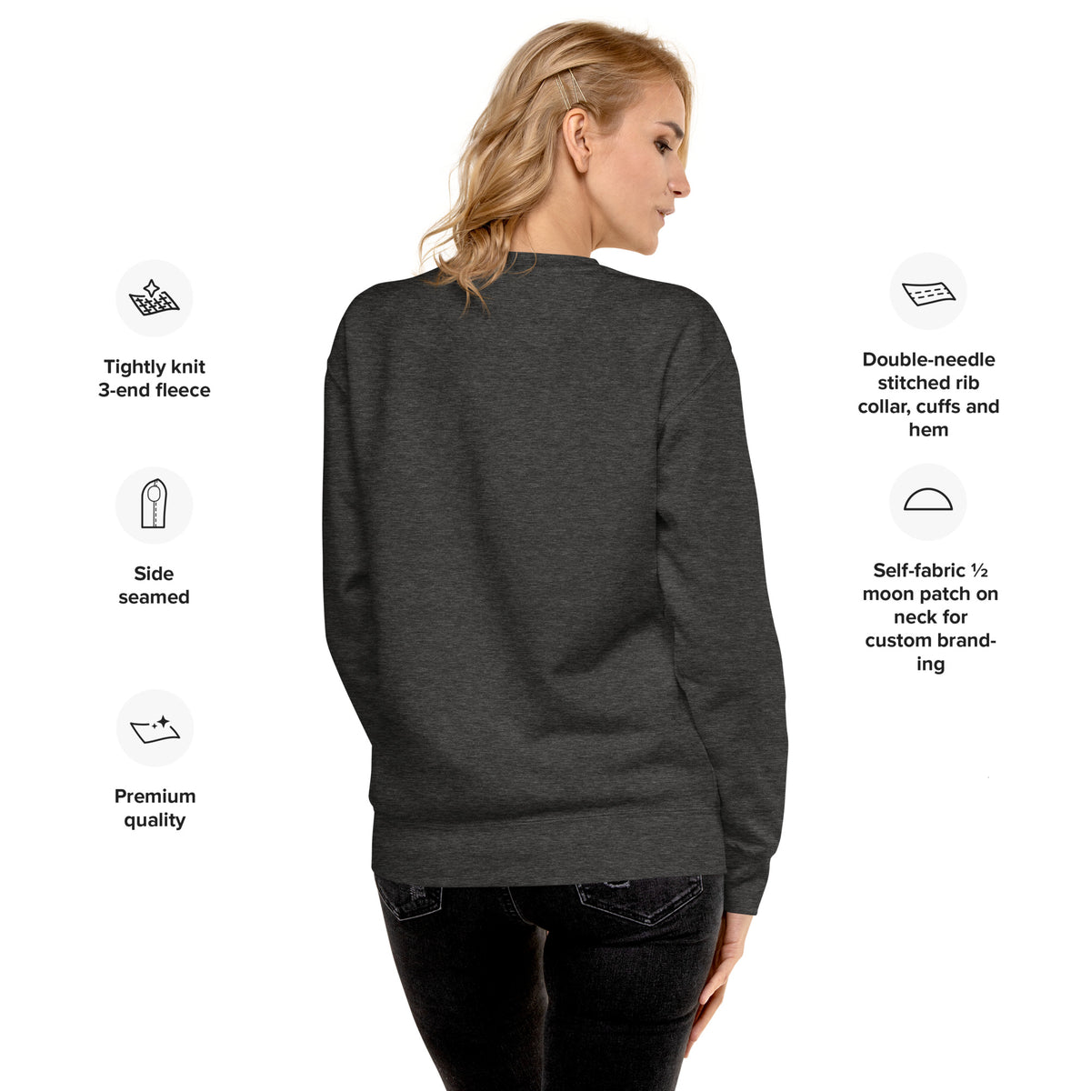Dark grey crewneck sweatshirt on model, back view with ribbed cuffs and hem