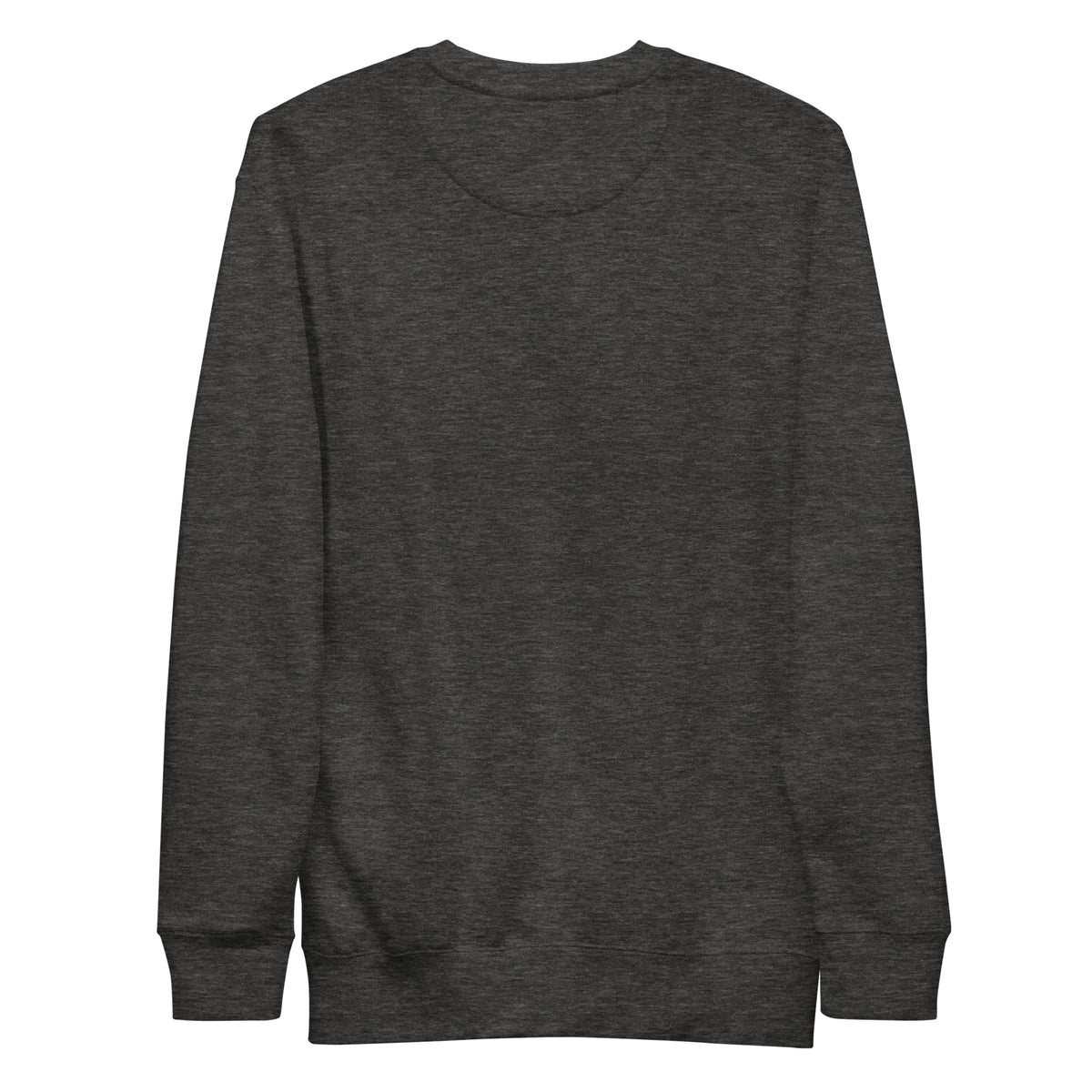 Charcoal heather unisex crewneck sweatshirt, plain back view with ribbed cuffs